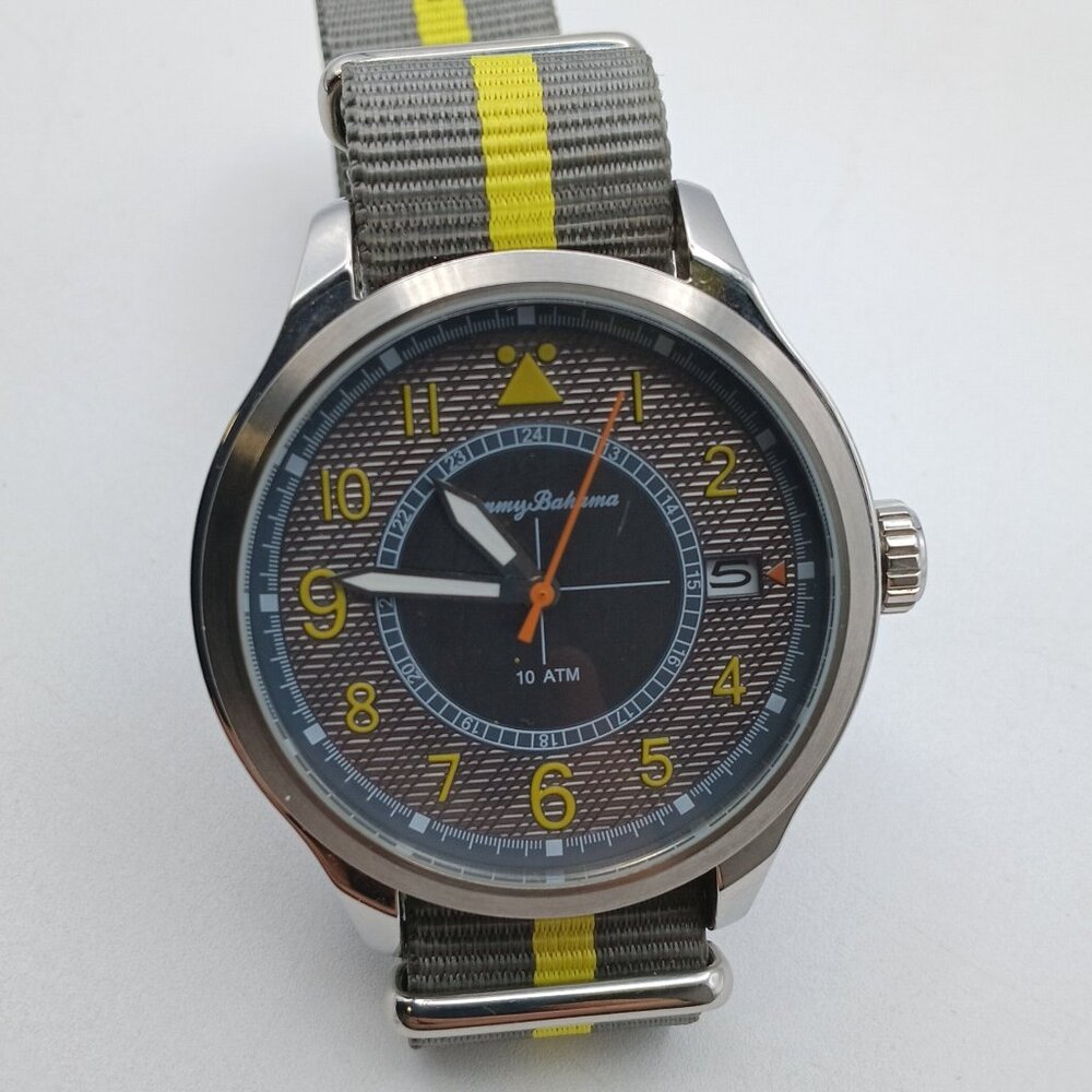 Tommy Bahama Island Scout Watch Bright Gray/Yellow Nylon Strap 42mm New Battery